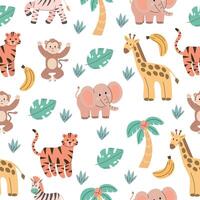 A playful pattern featuring cartoon animals including a monkey, elephant, giraffe, and tigers among tropical leaves and bananas. Bright and colorful design. vector