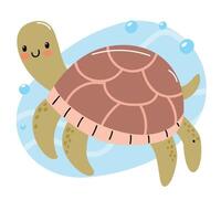 A cute cartoon turtle swimming in blue water with bubbles. The turtle has a brown shell and a friendly expression, showcasing a playful underwater scene. vector