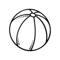 Black and white line drawing of a striped beach ball with visible stitching and curved panels. vector