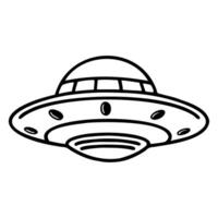 A simple line drawing of a flying saucer. The UFO features a dome-shaped top and a circular base with lights around the edge. It represents science fiction themes. vector