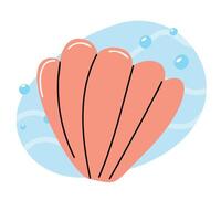 A stylized illustration of a pink seashell with curved lines, set against a light blue background with bubbles. The design is simple and colorful, evoking a marine theme. vector