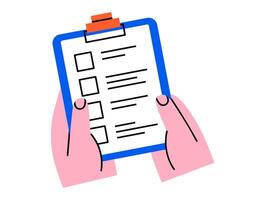 Hand drawn cute cartoon illustration of two hands holding clipboard. Flat check list form with empty checkbox sticker doodle. Planning or time management. Todo document in arm icon. Isolated. vector
