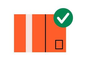 Hand drawn cute illustration of cardboard box with check mark. Flat accepted package doodle. Correct parcel shipping icon. Verification tick. Successful delivery sticker. Isolated. vector
