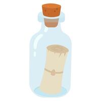 Message in bottle illustration. Vintage sealed scroll. Glass cork design vector