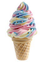 Colorful rainbow soft serve ice cream cone isolated on transparent background png