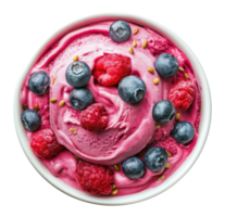 Pink berry ice cream in white bowl topped with fresh blueberries and raspberries, isolated on transparent background png