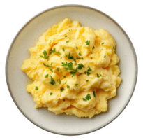 Plate with scrambled eggs isolated on transparent background, top view png