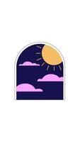 Surreal sunny sky through arch window 2D cartoon vertical animation. Fantasy portal. Magical arched frame with sun and floating clouds animated flat colorful object 4K isolated on white video