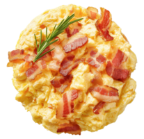 Fluffy scrambled eggs with crispy bacon pieces isolated on transparent background png