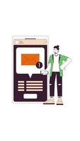New message notification on mobile 2D vertical animation. Smartphone user. Caucasian man checking phone messaging app animated character cartoon flat concept metaphor 4K isolated on white video