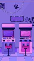 80s nostalgic arcade machines in game room with open sign lofi vertical animation background. Vintage gaming culture nightlife. Lo fi 2D cartoon animated backdrop wallpaper 4k . Chill aesthetic video