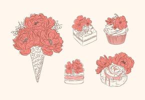 Bakery graphic illustrations ice cream, cupcake, macarons, cinnabon in floral style with flowers and petals drawing with coral and brown on beige background vector