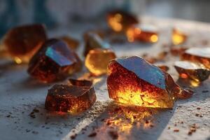 Rosin pieces shining on a table in golden hour light photo