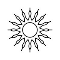 Black and white line art icon of the sun, simple circular center with radiating rays, clean outline, white background vector