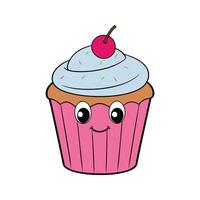 Adorable cartoon cupcake with smiling face and cherry on top isolated on white vector