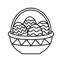 Black and white line art of an Easter basket filled with decorated eggs, zigzag and wave patterns, simple and clean outline, white background vector