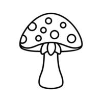 Simple black and white line drawing of a spotted mushroom, clean outline, minimal design, isolated on white background vector