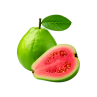Fresh guava fruit with slice and green leaf on transparent background png