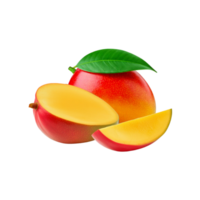 Ripe mango with slice and green leaf on transparent background png