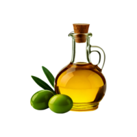 Bottle of olive oil with olive fruit on transparent background png