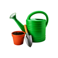 Green watering can with garden tool on transparent background png