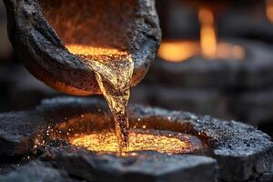 Pouring molten metal into foundry mold creating sparks and glow photo