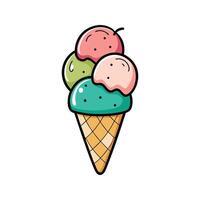 Colorful cartoon illustration of an ice cream cone with three scoops perfect for summer. vector