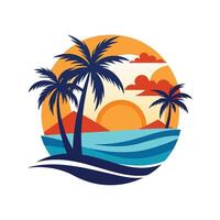 Tropical island scene with palm trees sunset and ocean waves in a circular design vector