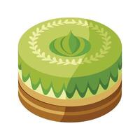 Isometric illustration of a delicious layered matcha cake with decorative accents and green frosting vector