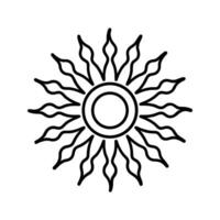 Black and white line art of a sun icon, circular center with evenly spaced straight rays, minimalist design, white background vector