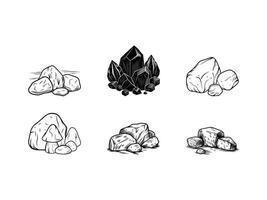 Set of hand drawn black and white rocks and stone illustrations for design elements vector
