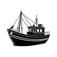 Black and white illustration of a fishing boat with rigging and cabin design element. vector