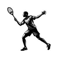 Silhouette illustration of a tennis player in action with racket on a white background vector