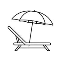 Black and white line art illustration of a beach chair under a parasol umbrella, minimal summer scene, clean outline, white background vector