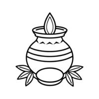Line Art Illustration of Clay Pot with Flame and Leaves vector
