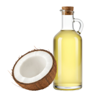 A half coconut and a bottle of coconut oil on transparent background png