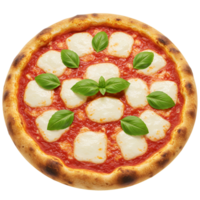 Overhead view of a margherita pizza with basil leaves on transparent background png