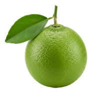 Close up shot of a single green lime with a leaf attached on transparent background png