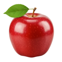 A single shiny red apple with a green leaf and stem on transparent background png