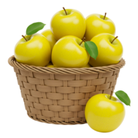 A basket overflowing with golden delicious apples and a single apple beside it on transparent background png