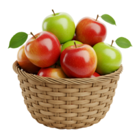 A basket overflowing with a mix of red and green apples on transparent background png