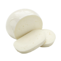 A fresh ball of mozzarella cheese with two slices on transparent background png