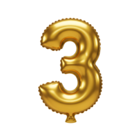 A shiny golden balloon in the shape of the numeral three floating on transparent background png