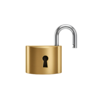 A golden padlock with a silver shackle is open on transparent background png