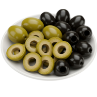 A plate featuring a mix of green and purple olives, some whole and some sliced on a transparent background png