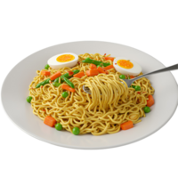 A plate of noodles with eggs and vegetables being lifted with a fork on a transparent background png