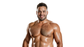 A smiling man with a muscular physique and a beard posing shirtless isolated on transparent background png