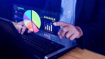 Market research and marketing analysis with Ai technology. customer surveys and statistics. analysts touch on pie charts and graphs, financial growth graph chart report, Business planning. plan photo