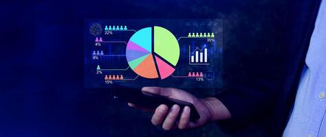 Market research and marketing analysis with Ai technology. customer surveys and statistics. analysts touch on pie charts and graphs, financial growth graph chart report, Business planning. stock photo