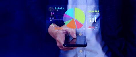 Market research and marketing analysis with Ai technology. customer surveys and statistics. analysts touch on pie charts and graphs, financial growth graph chart report, Business planning. photo